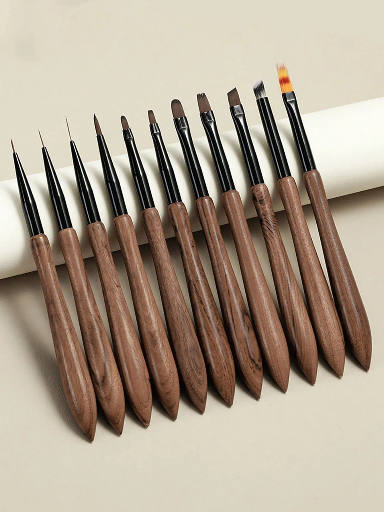 11pcs Professional Nail Art Brush Set, Walnut & Sandalwood Handle