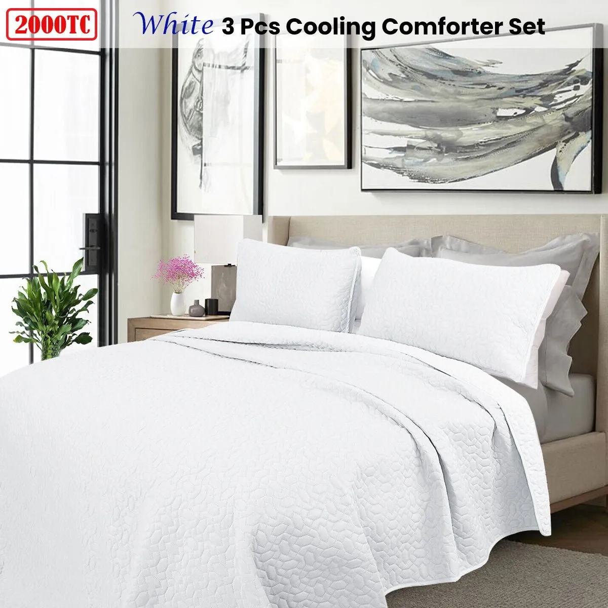 2000TC White Cooling Embroidered 3 Pcs Comforter Set Queen