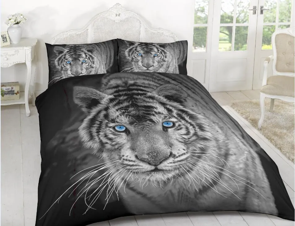 3D Effect Duvet Cover Quilt Bedding Set With Pillowcases Black and White Tiger SINGLE / DOUBLE / KING