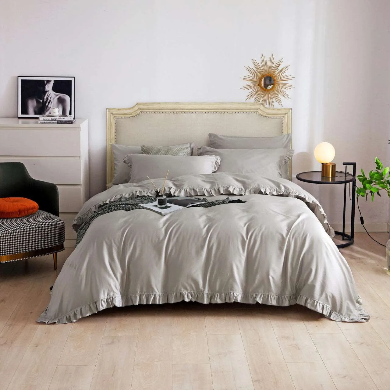 6 Pieces Luxury Ruffle Edge King Size Duvet Cover Set