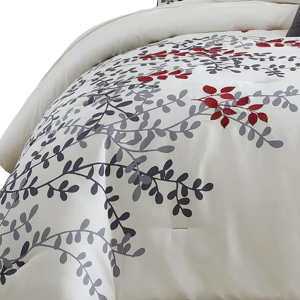 7 Piece King Comforter Set with Leaf Embroidery, Cream and Gray By Casagear Home