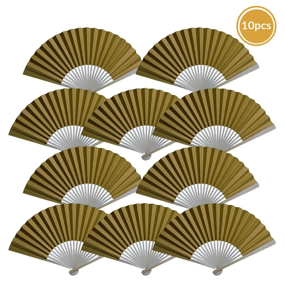 9" Gold Paper Hand Fans for Weddings, Premium Paper Stock (10 Pack)