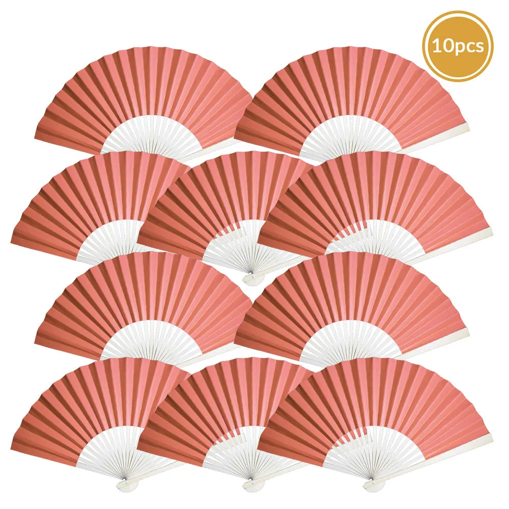 9" Roseate / Pink Coral Paper Hand Fans for Weddings, Premium Paper Stock (10 Pack)