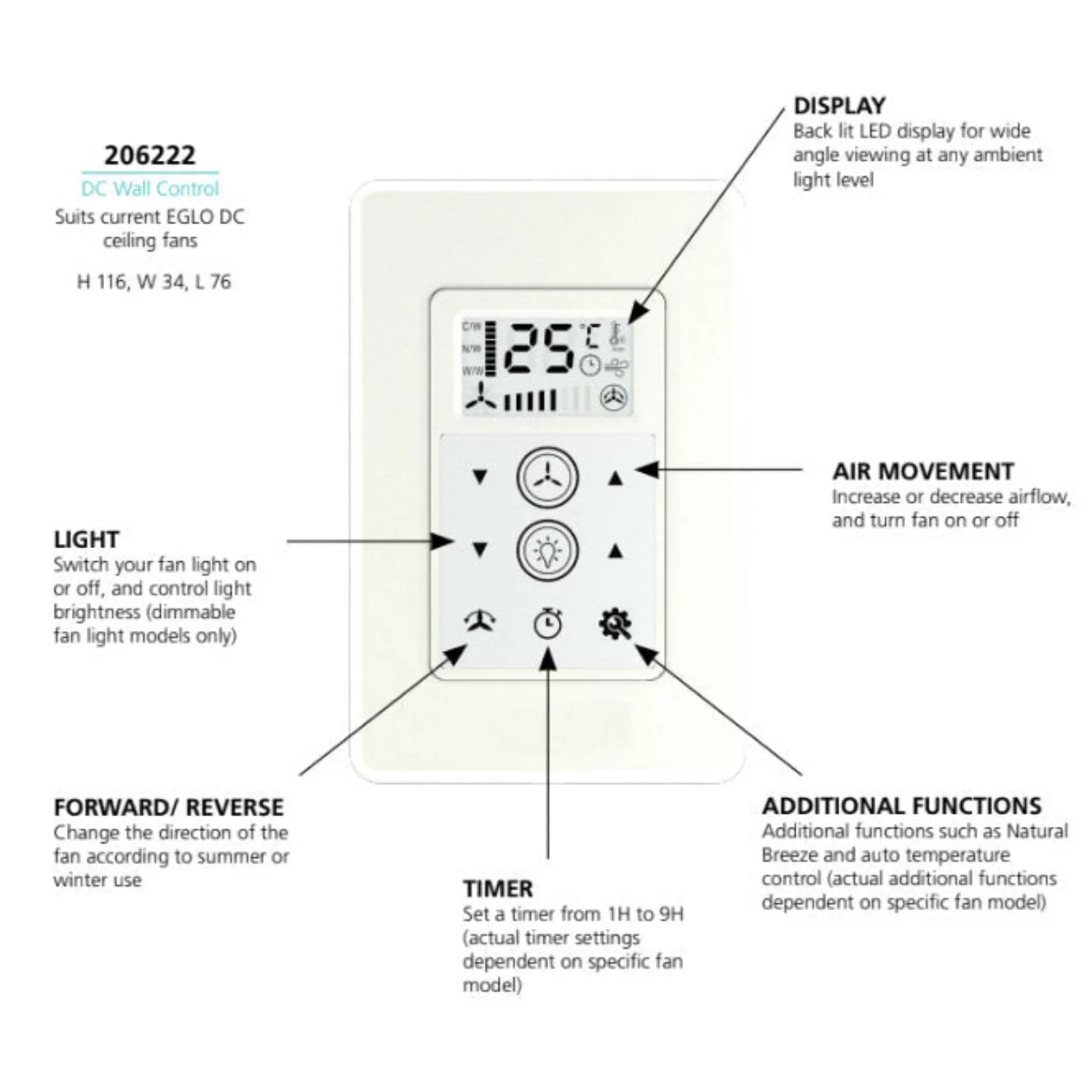 Acc. - DC Wall Control To Suit EGLO DC Ceiling Fans