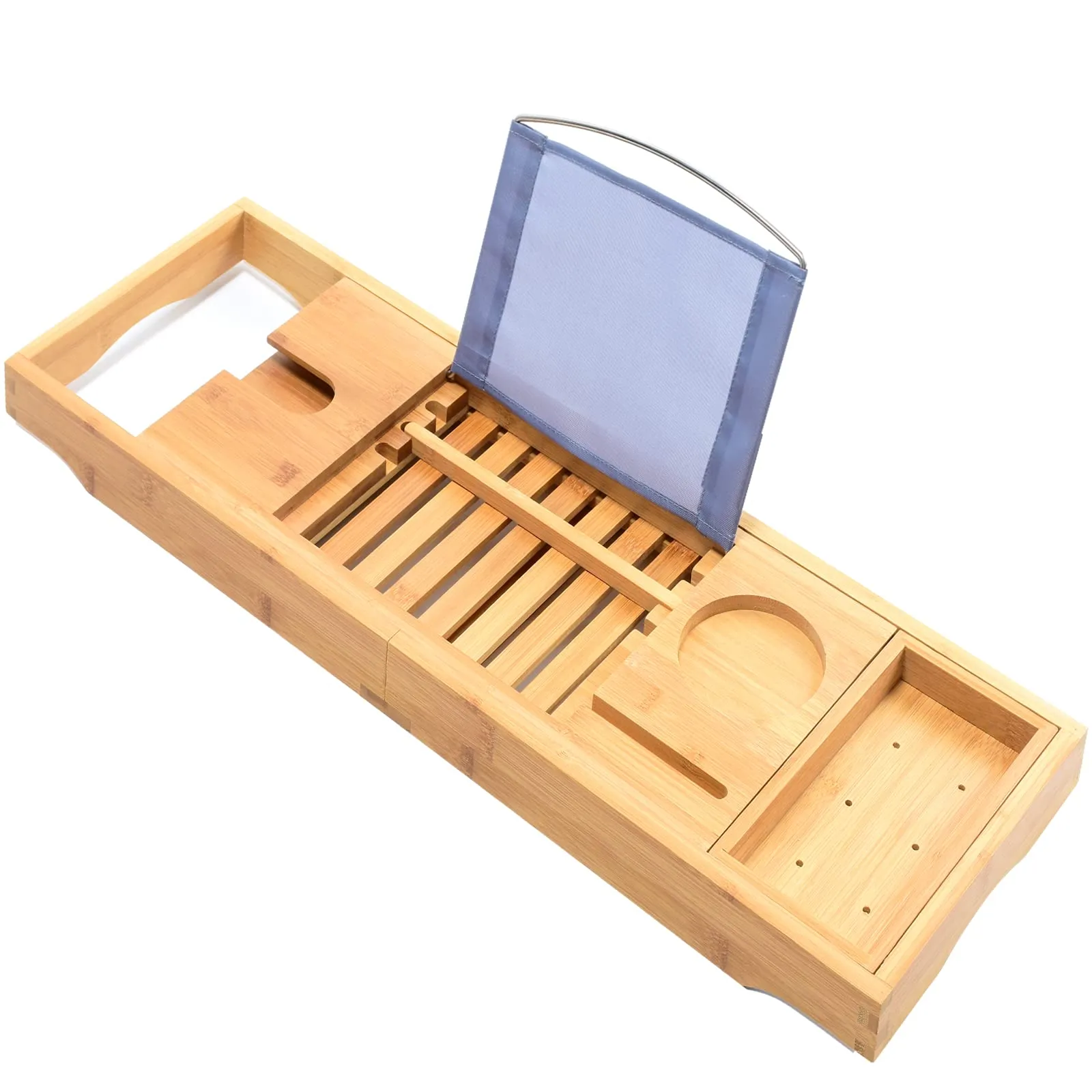 Adjustable Bamboo Bath Tray Caddy with Wineglass Holder