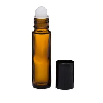 Amber Frosted Glass Roll On Bottle, Roller Ball   Black Cap 10ml