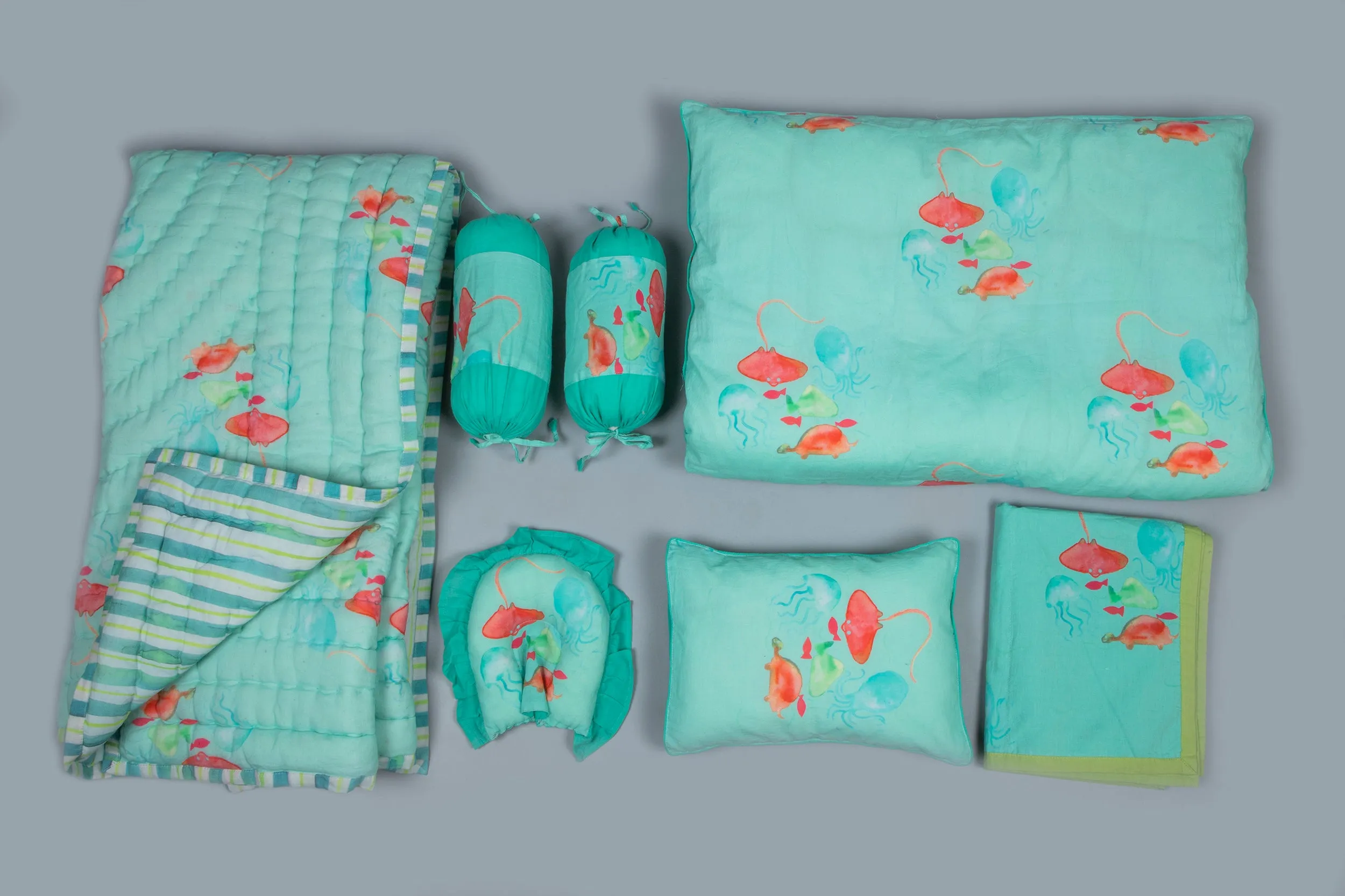 Aqua Underwater Printed Baby Bedding Set Of 7 Pcs