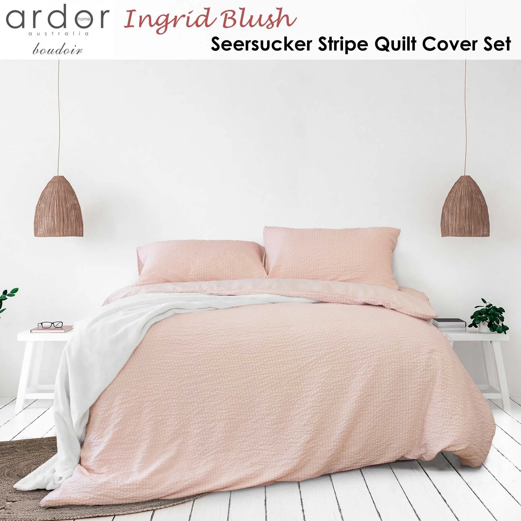 Ardor Ingrid Blush Seersucker Stripe Quilt Cover Set Double