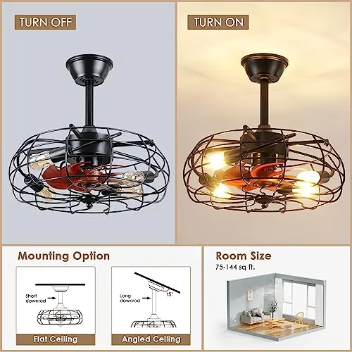 Asyko Caged Ceiling Fans with Lights - Black Outdoor Ceiling Fan with Remote and Reversible Fan Blades, Bladeless Low Profile Fan Light Fixtures for Indoor, Patios, Farmhouse(E26 Bulbs Not Included)