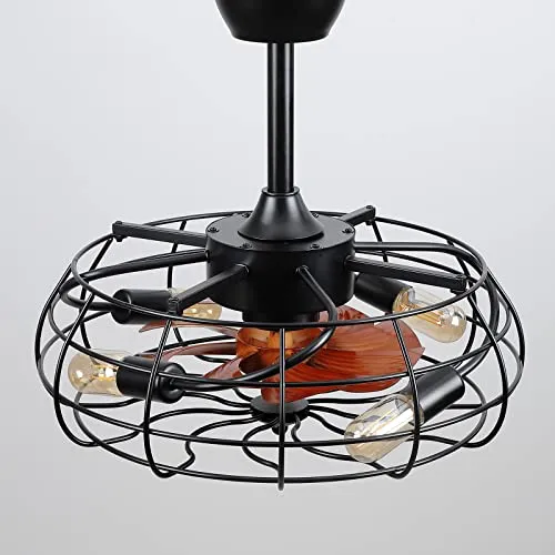 Asyko Caged Ceiling Fans with Lights - Black Outdoor Ceiling Fan with Remote and Reversible Fan Blades, Bladeless Low Profile Fan Light Fixtures for Indoor, Patios, Farmhouse(E26 Bulbs Not Included)