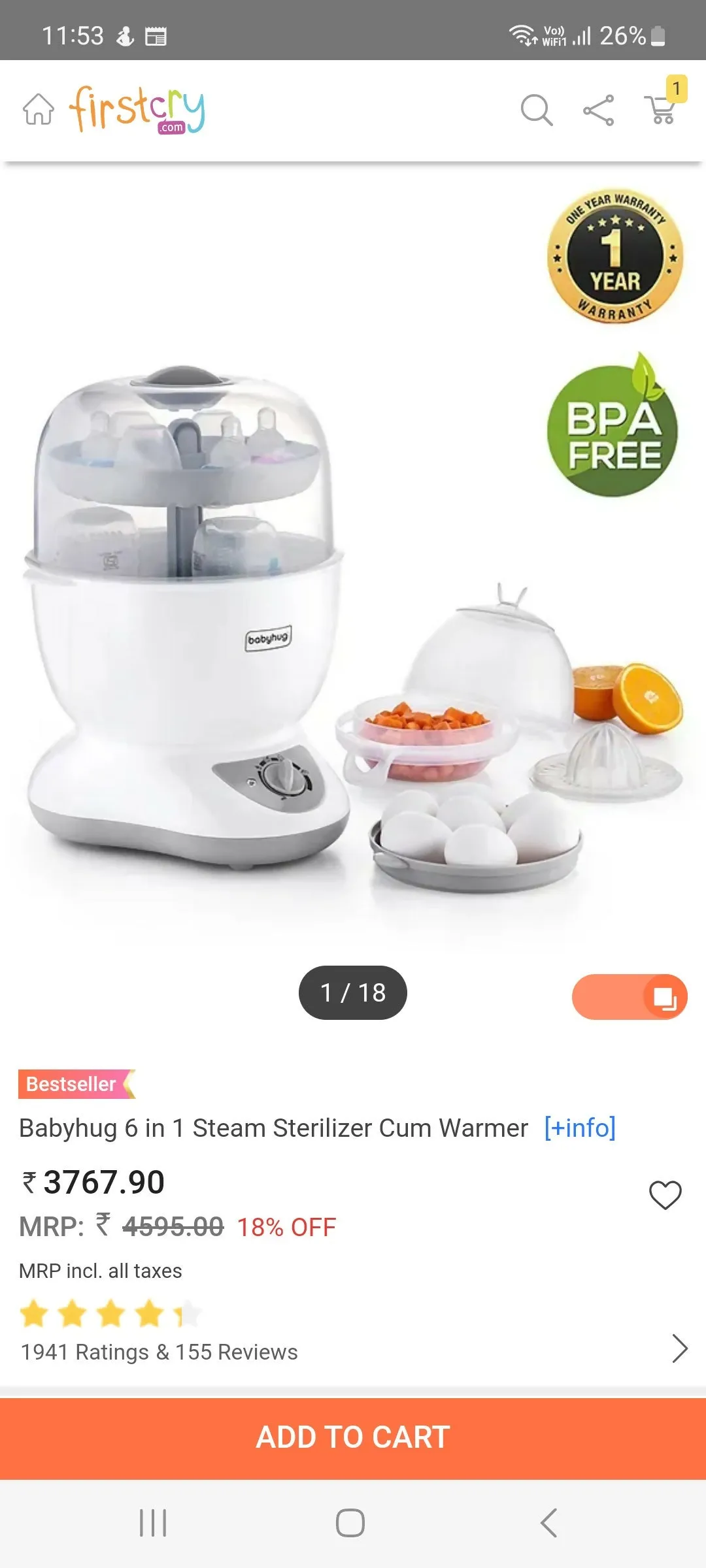 BABYHUG 6 in 1 Steriliser Steamer Cum Warmer