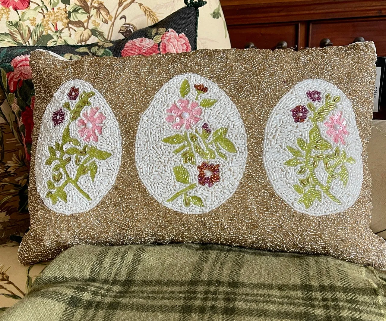 Beaded Easter Egg Botanical Floral Flowers Lumbar  / Throw Pillow