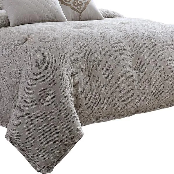 Benzara 10 Piece King Cotton Comforter Set with Textured Floral Print, Gray