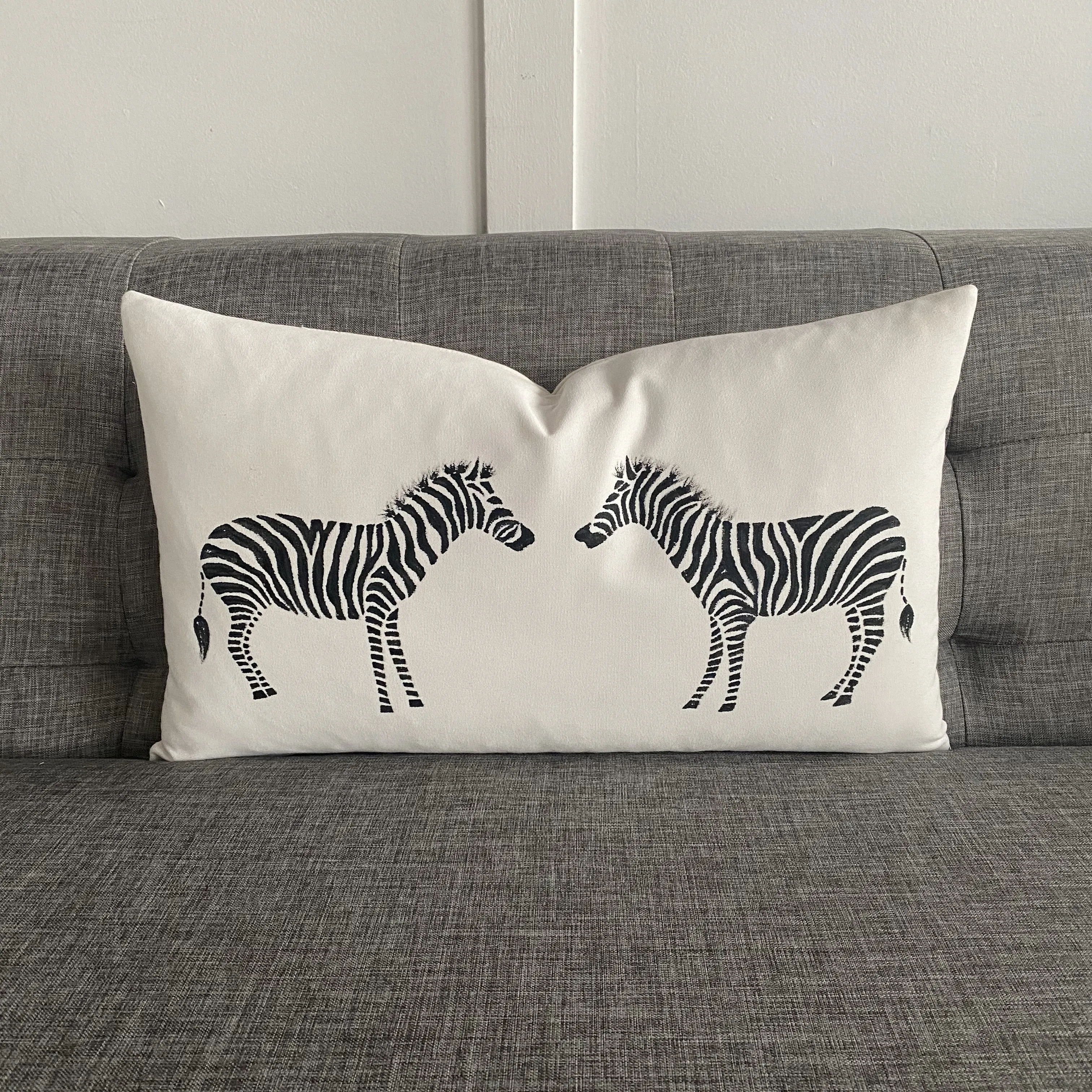 Black and White Hand-Painted Zebra Lumbar Pillow Cover 13x22