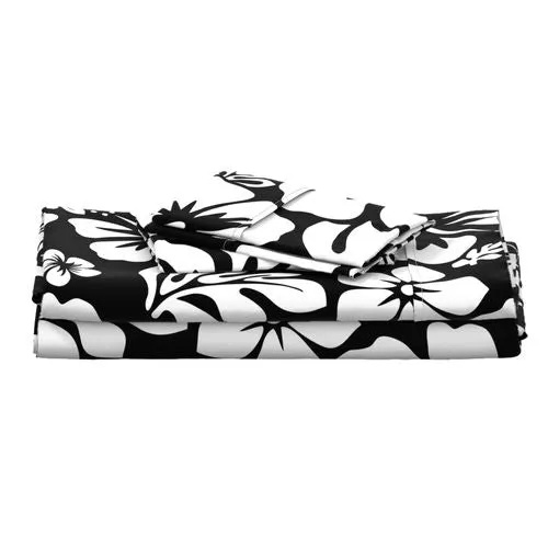 Black and White Hawaiian Flowers Sheet Set from Surfer Bedding™️ Medium Scale