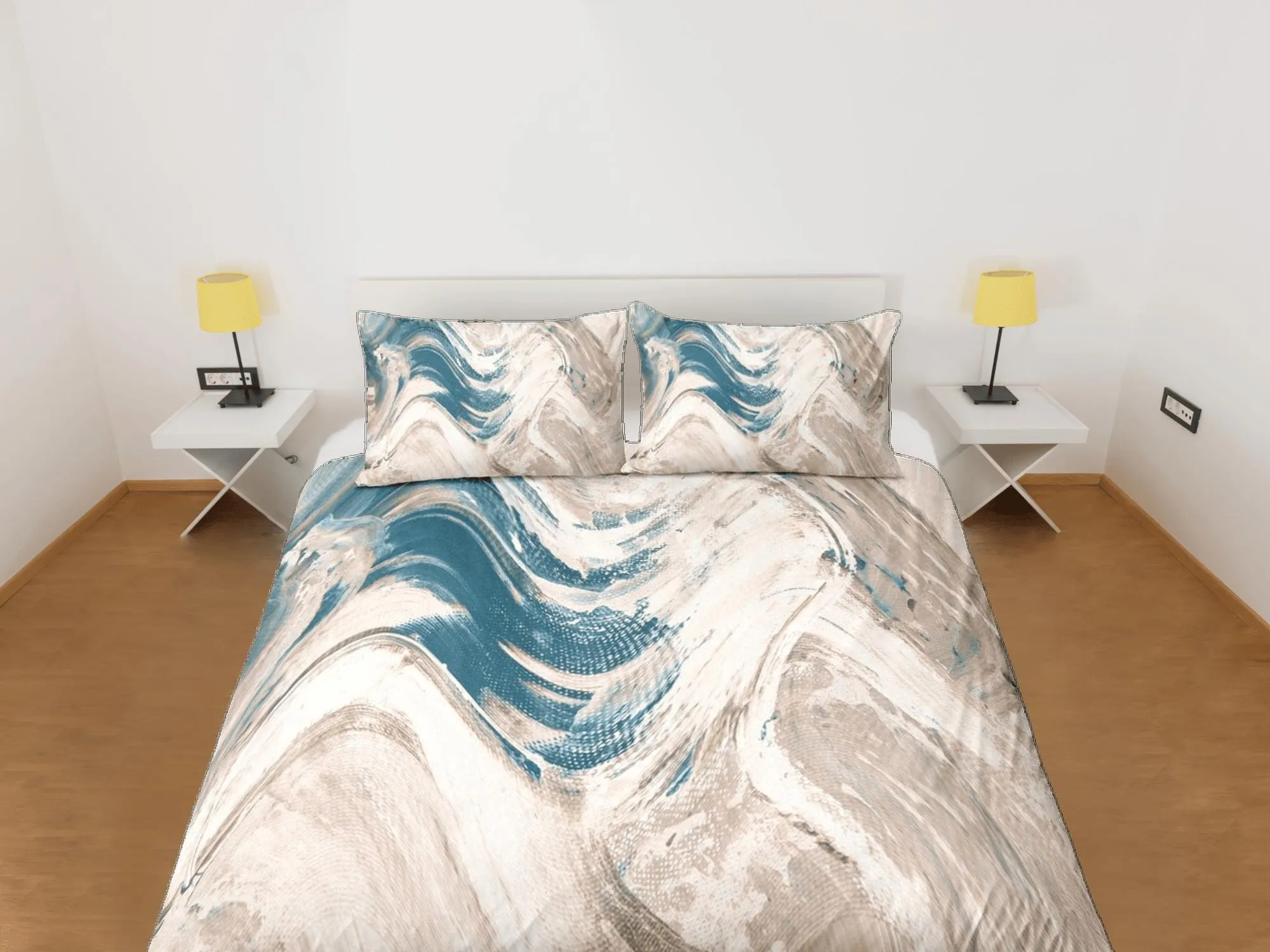 Blue and beige marble bedding contemporary bedroom set aesthetic duvet cover, abstract art room decor boho chic bedding set full king queen