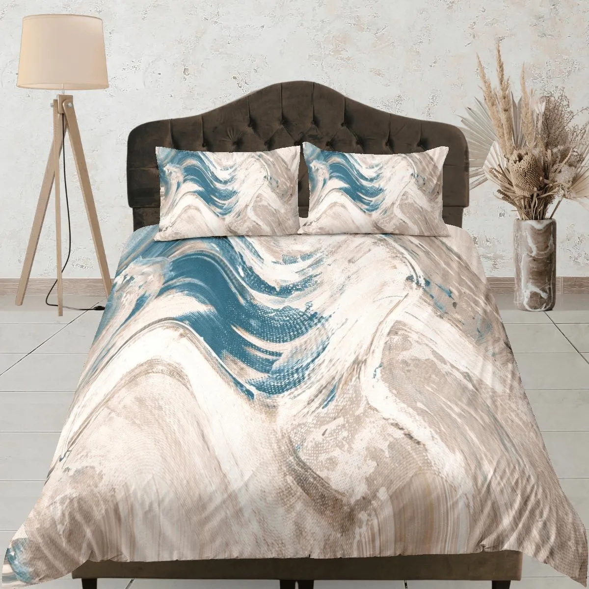 Blue and beige marble bedding contemporary bedroom set aesthetic duvet cover, abstract art room decor boho chic bedding set full king queen