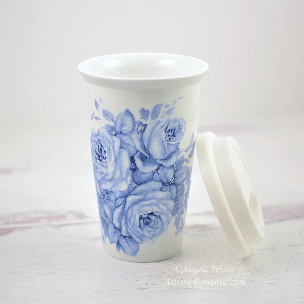 Blue and White China Travel Coffee Mug Insulated Hand Painted Porcelain Roses