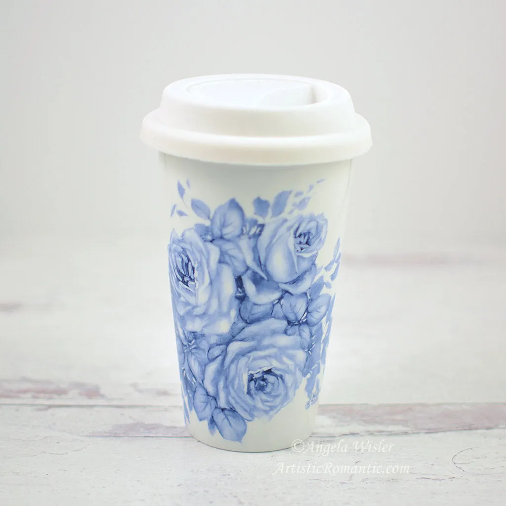 Blue and White China Travel Coffee Mug Insulated Hand Painted Porcelain Roses