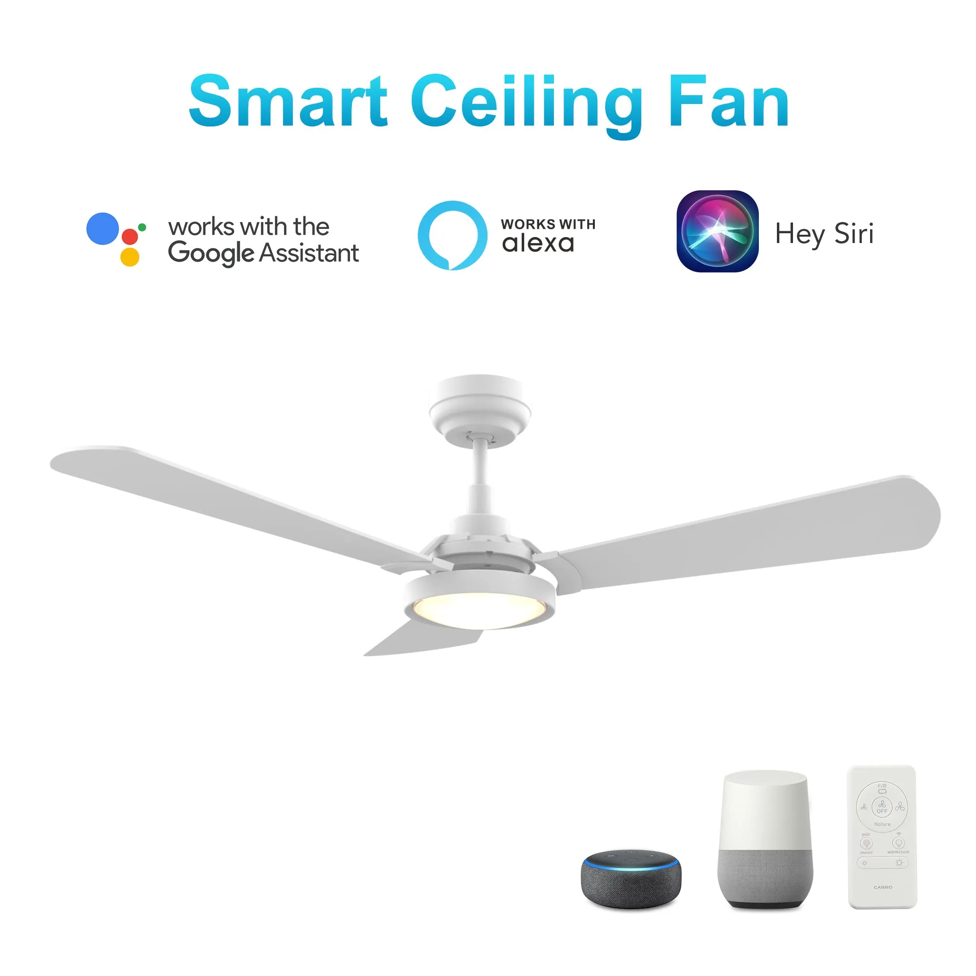 BRISA 52 inch 3-Blade Smart Ceiling Fan with LED Light & Remote Control - White/White