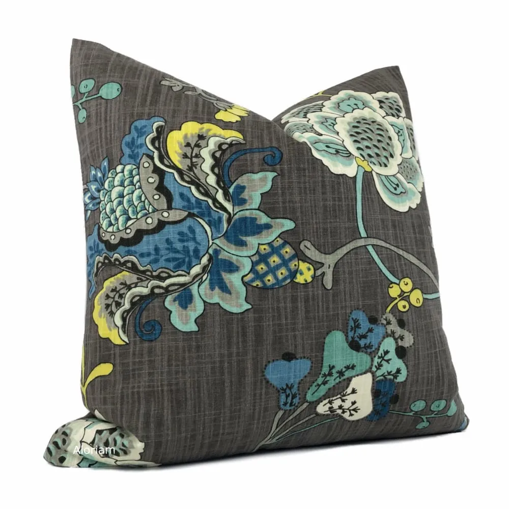 Charlotte Gray Blue Jacobean Floral Print Pillow Cover