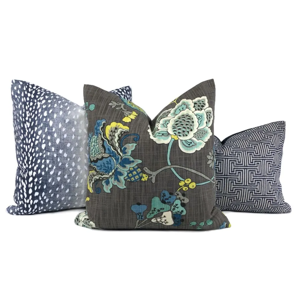 Charlotte Gray Blue Jacobean Floral Print Pillow Cover