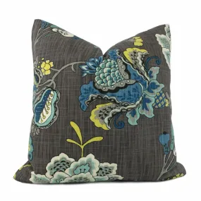 Charlotte Gray Blue Jacobean Floral Print Pillow Cover