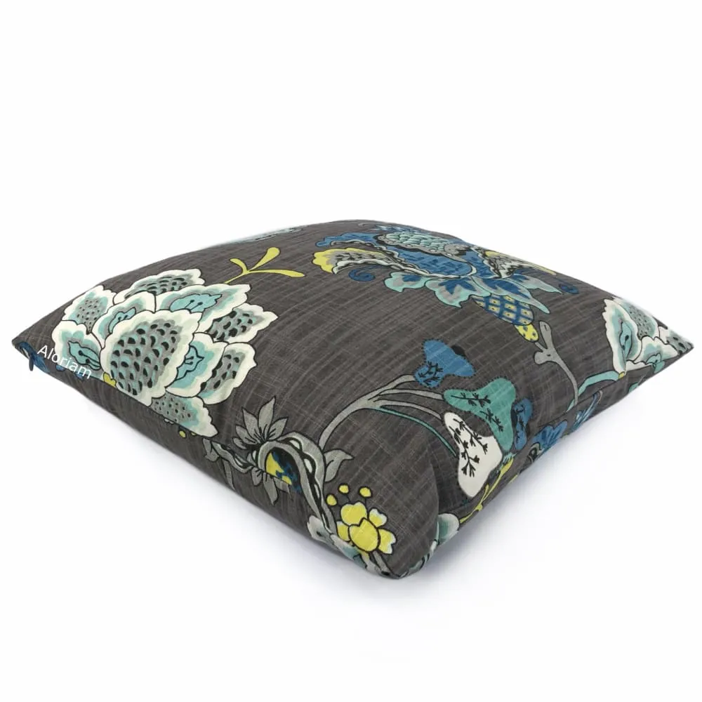 Charlotte Gray Blue Jacobean Floral Print Pillow Cover