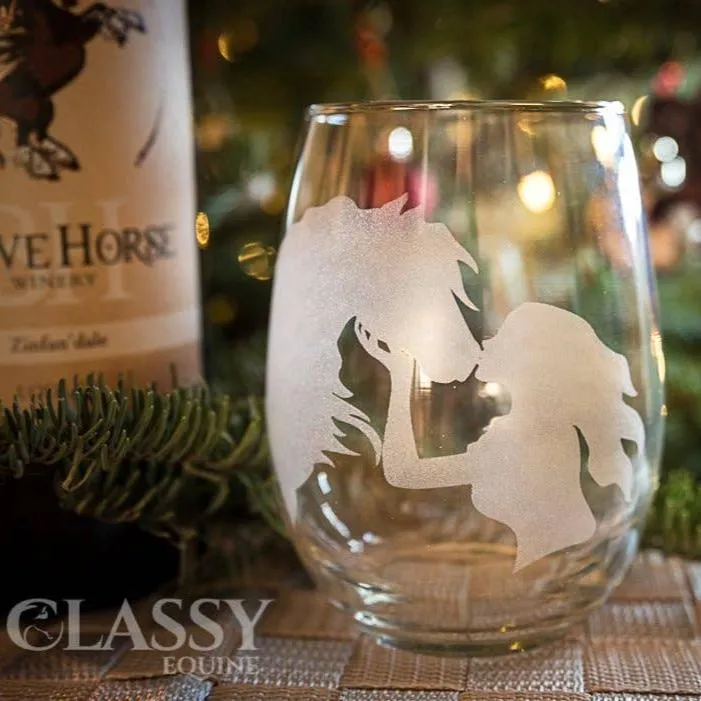 Classy Equine Horse Girl Kisses Stemless Wine Glass