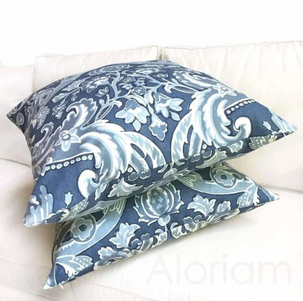 (CLEARANCE) Kravet Lorton Blue White Damask Print Linen Pillow Cover