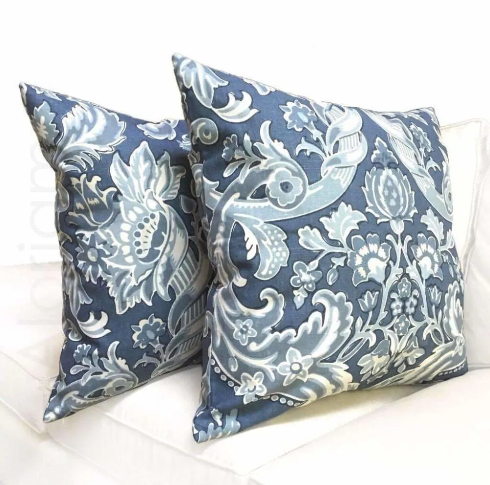 (CLEARANCE) Kravet Lorton Blue White Damask Print Linen Pillow Cover