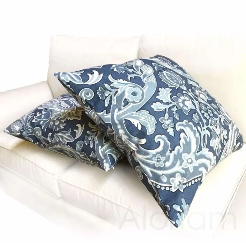 (CLEARANCE) Kravet Lorton Blue White Damask Print Linen Pillow Cover