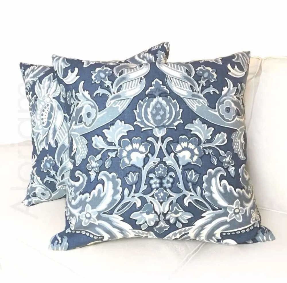 (CLEARANCE) Kravet Lorton Blue White Damask Print Linen Pillow Cover