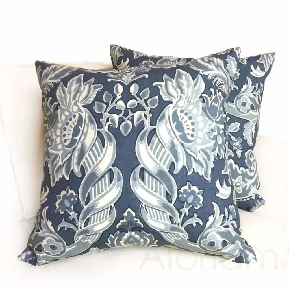 (CLEARANCE) Kravet Lorton Blue White Damask Print Linen Pillow Cover