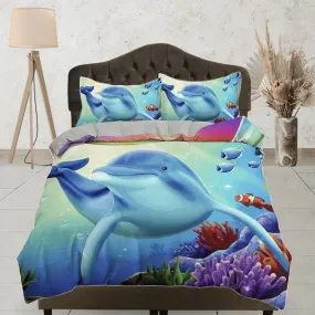 Colorful corals and dolphin bedding duvet cover, ocean blush decor bottle nose dolphin bedding set full king queen twin, dorm bedding gift