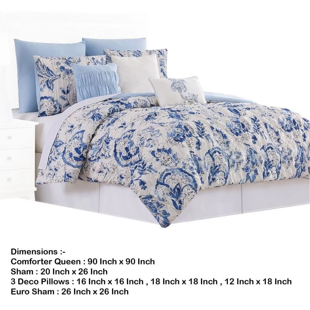 Corfu Floral Print 8 Piece Queen Comforter Set The Urban Port, White and Blue By Casagear Home