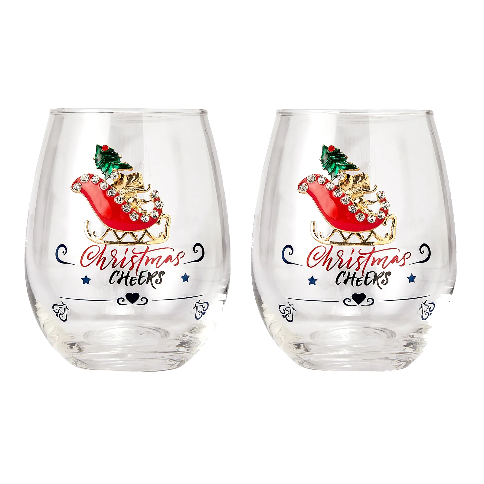 Crystal Christmas Santa's Sleigh Wine & Water Glasses - Set of 2, 17.5oz - Xmas Diamond Merry Christmas Santa Holiday Festive Theme Stemless Glass - New Year Holiday Gifts for Men Women Friend Family by The Wine Savant