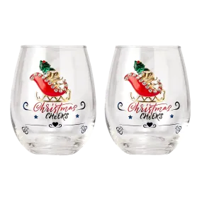 Crystal Christmas Santa's Sleigh Wine & Water Glasses - Set of 2, 17.5oz - Xmas Diamond Merry Christmas Santa Holiday Festive Theme Stemless Glass - New Year Holiday Gifts for Men Women Friend Family by The Wine Savant