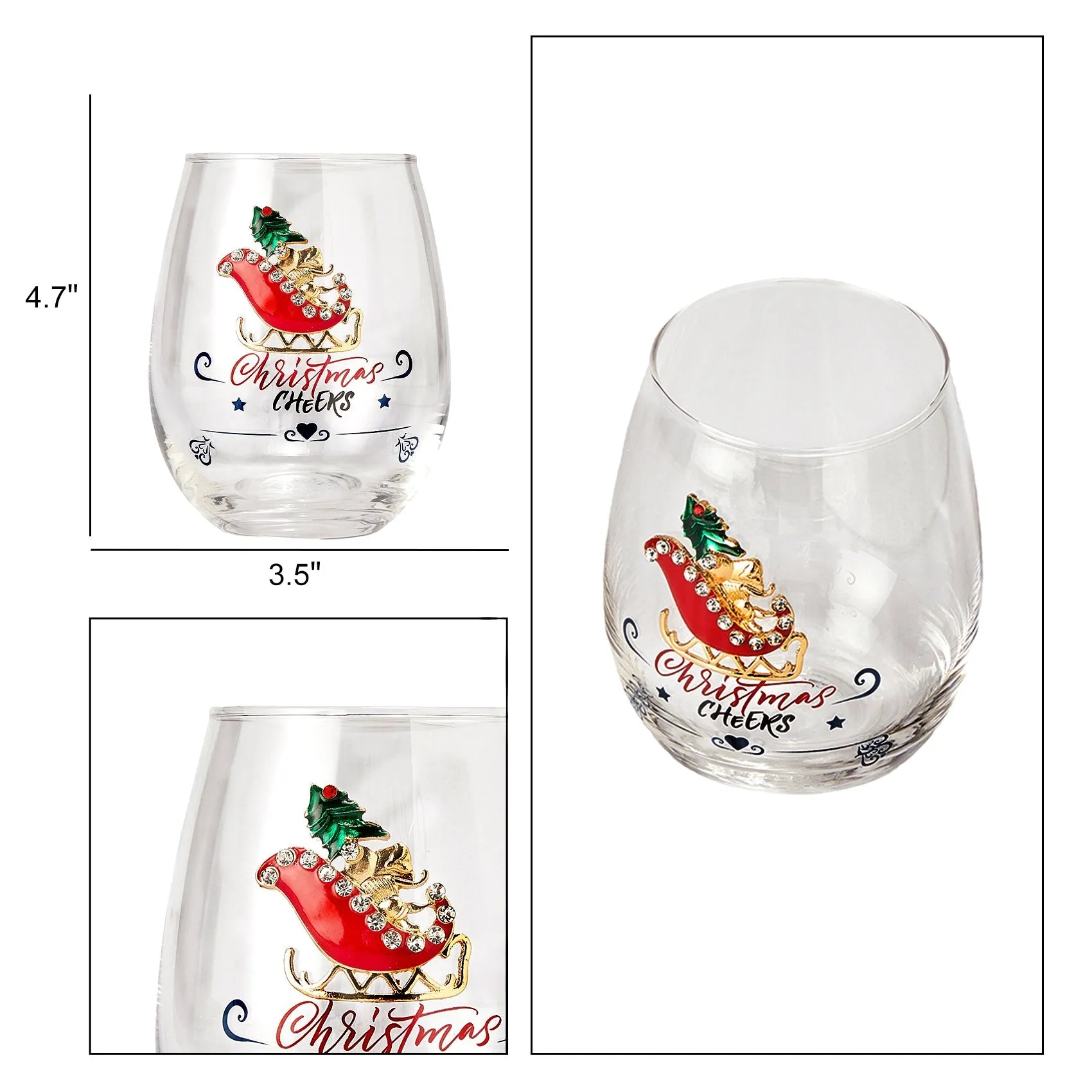 Crystal Christmas Santa's Sleigh Wine & Water Glasses - Set of 2, 17.5oz - Xmas Diamond Merry Christmas Santa Holiday Festive Theme Stemless Glass - New Year Holiday Gifts for Men Women Friend Family by The Wine Savant