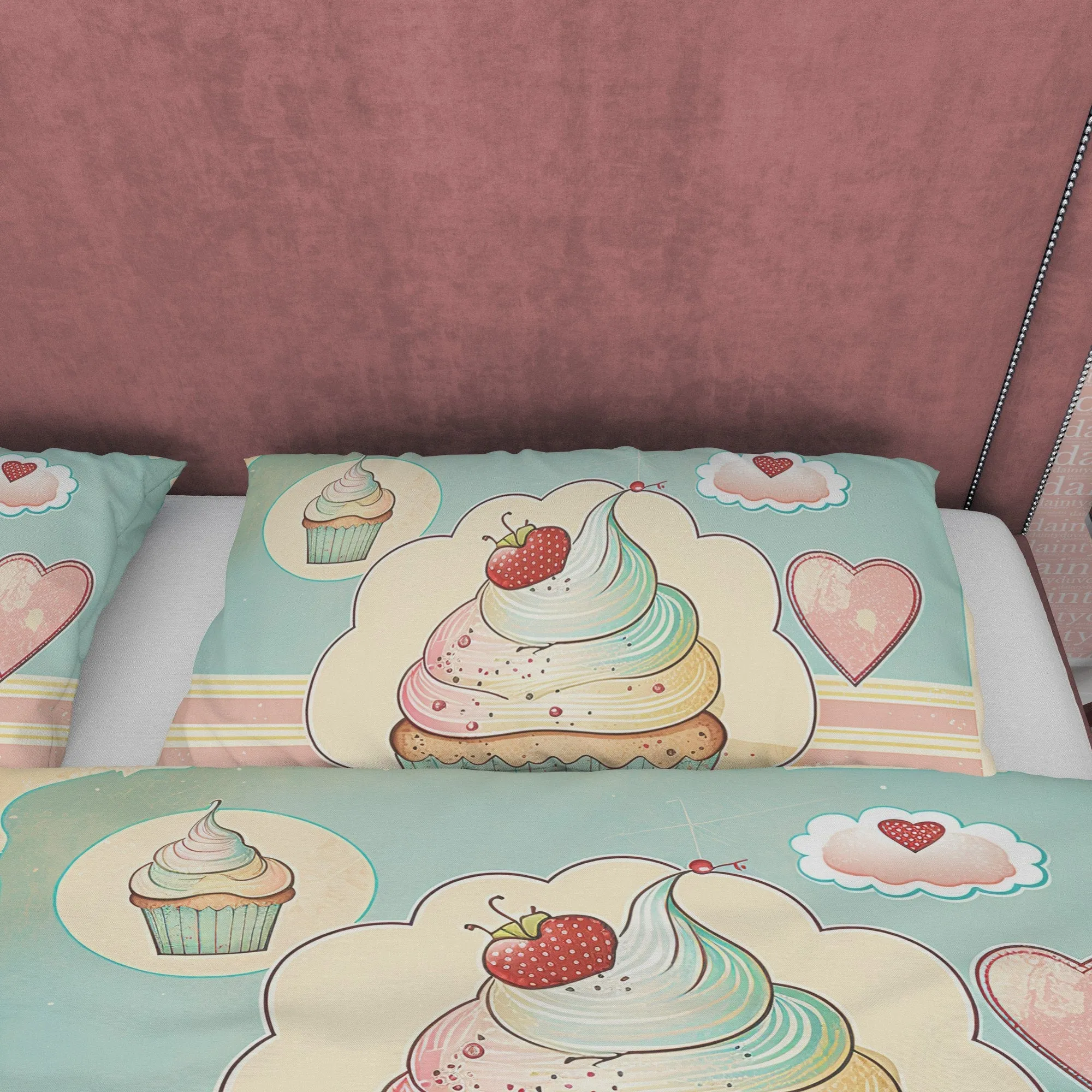 Cupcake Duvet Cover Boho Bedroom Set, Girly Bedspread, Cute Quilt Cover, Dorm Bedding, Baby Girl Birthday Gift, Pastel Color Blanket Cover