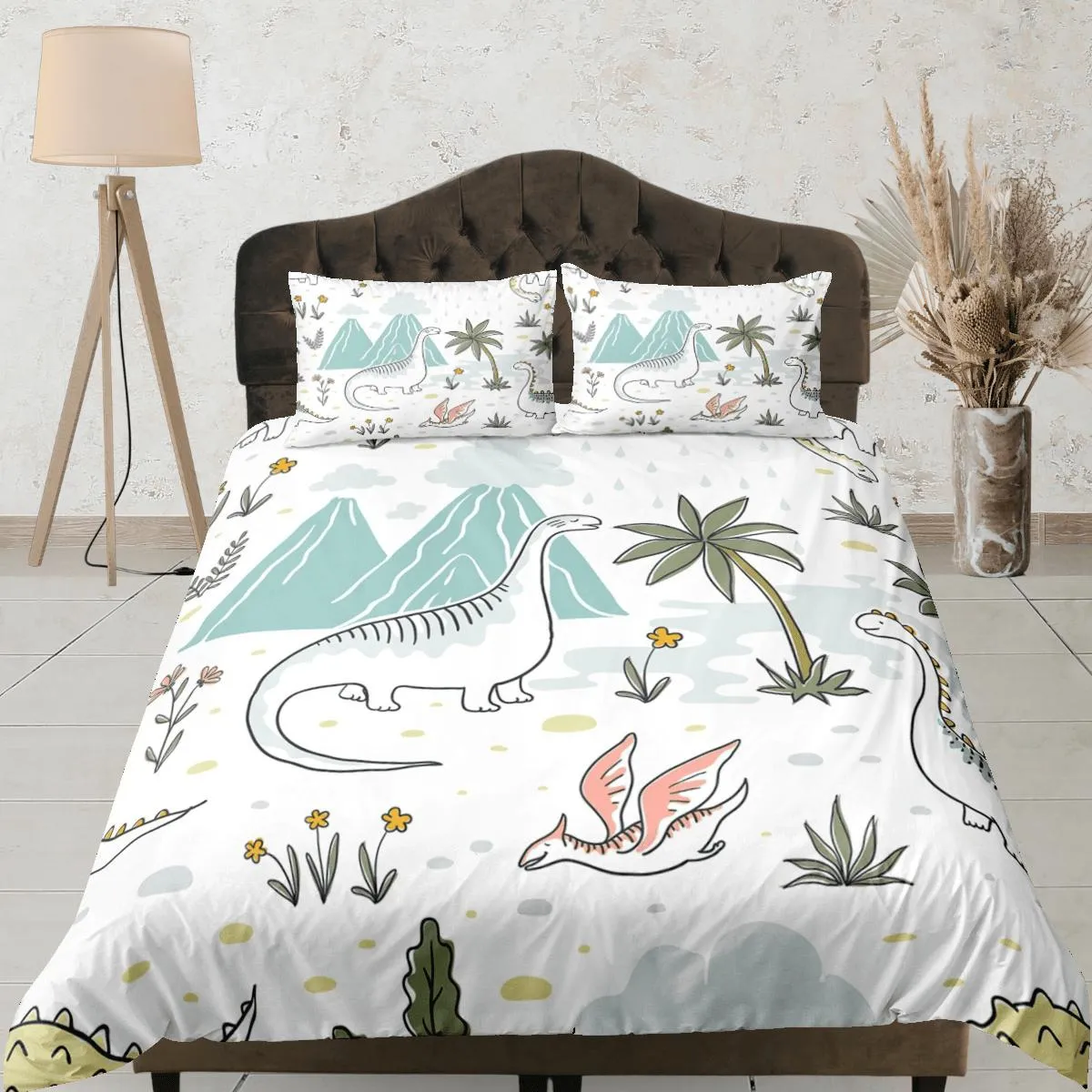 Cute dinosaur bedding, kids bedding full, crib duvet cover set, dinosaur nursery bed decor, colorful bedding, baby dinosaur, toddler bedding