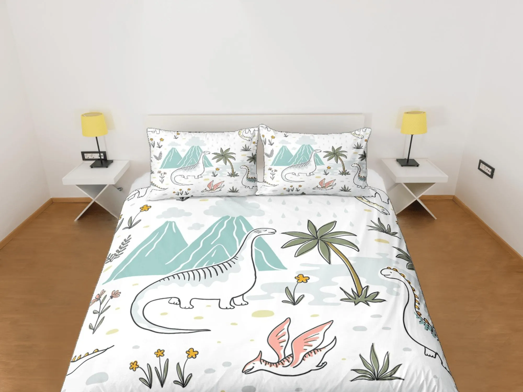 Cute dinosaur bedding, kids bedding full, crib duvet cover set, dinosaur nursery bed decor, colorful bedding, baby dinosaur, toddler bedding