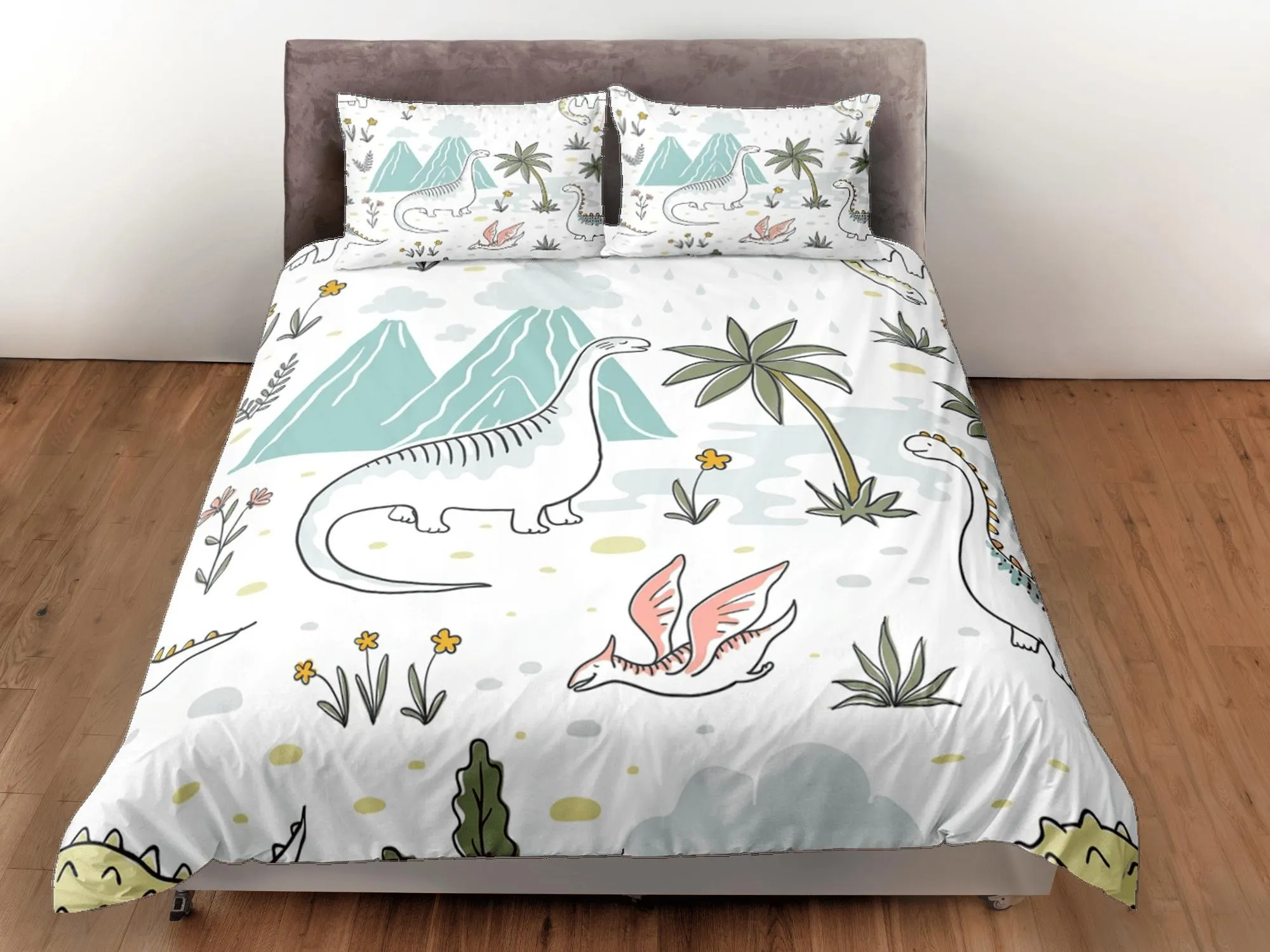 Cute dinosaur bedding, kids bedding full, crib duvet cover set, dinosaur nursery bed decor, colorful bedding, baby dinosaur, toddler bedding