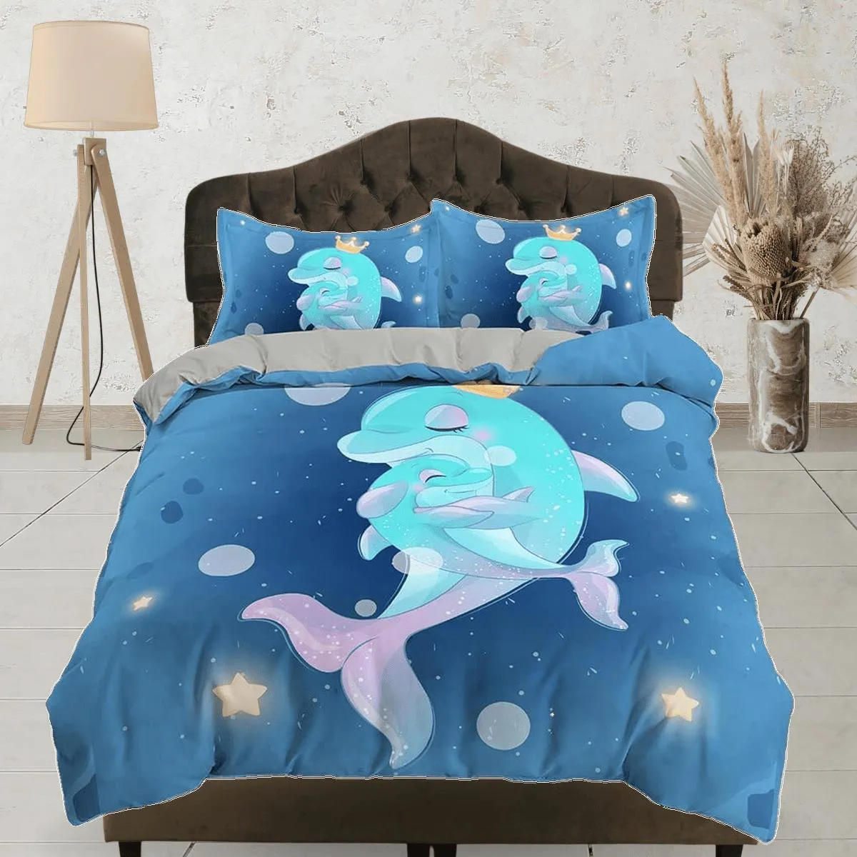 Cute mother & child dolphins bedding duvet cover, ocean blush decor bottle nose dolphin bedding set full king queen twin, dorm bedding gift