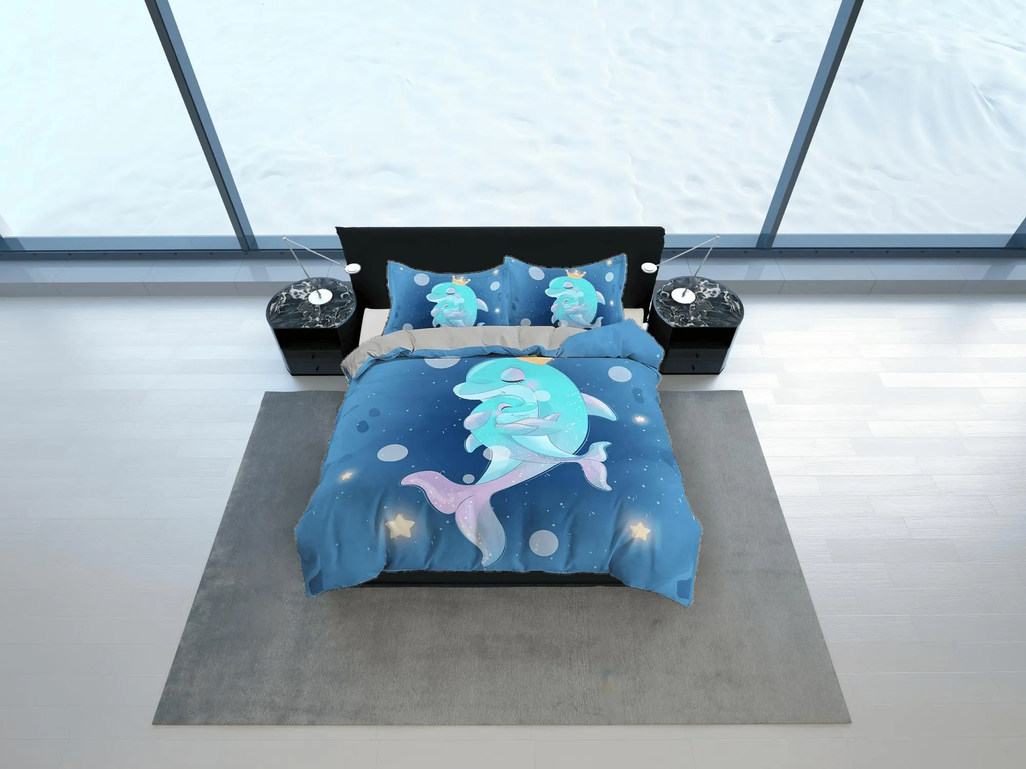 Cute mother & child dolphins bedding duvet cover, ocean blush decor bottle nose dolphin bedding set full king queen twin, dorm bedding gift