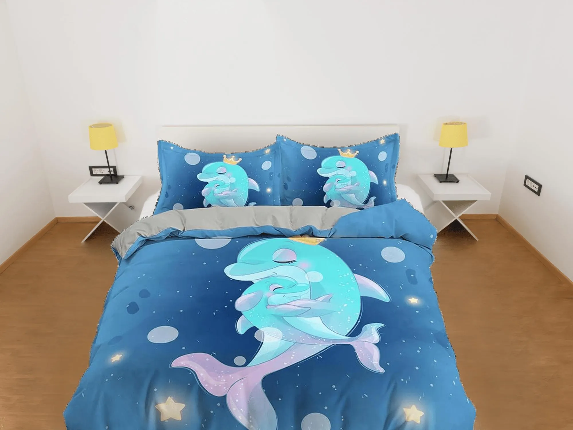 Cute mother & child dolphins bedding duvet cover, ocean blush decor bottle nose dolphin bedding set full king queen twin, dorm bedding gift