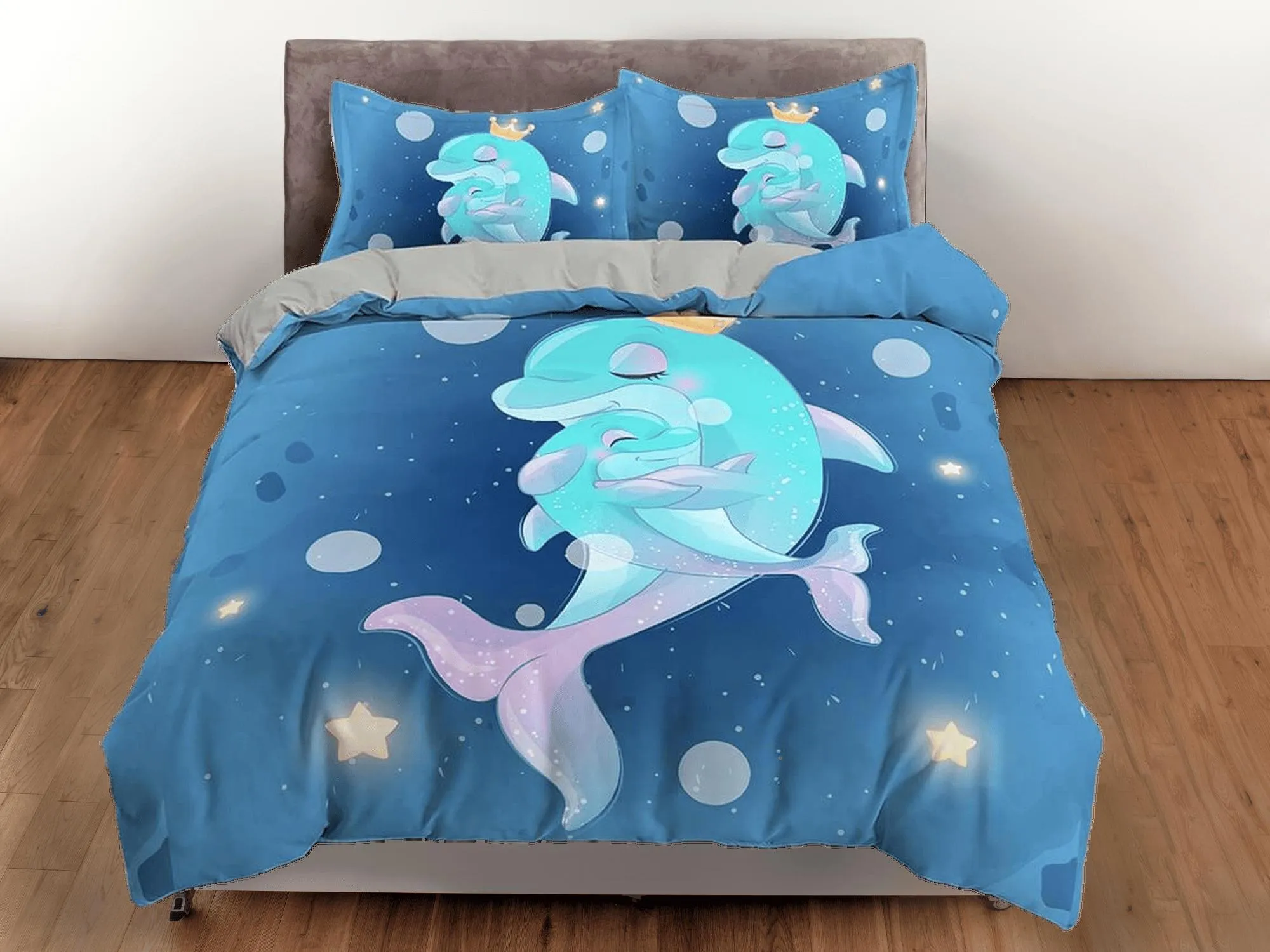 Cute mother & child dolphins bedding duvet cover, ocean blush decor bottle nose dolphin bedding set full king queen twin, dorm bedding gift