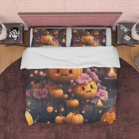 Cute Pumpkin Duvet Cover Set, Spooky Bedding, Mom and Child, Halloween Room Decor, Autumn Quilt Cover, Kawaii Japanese Bedspread