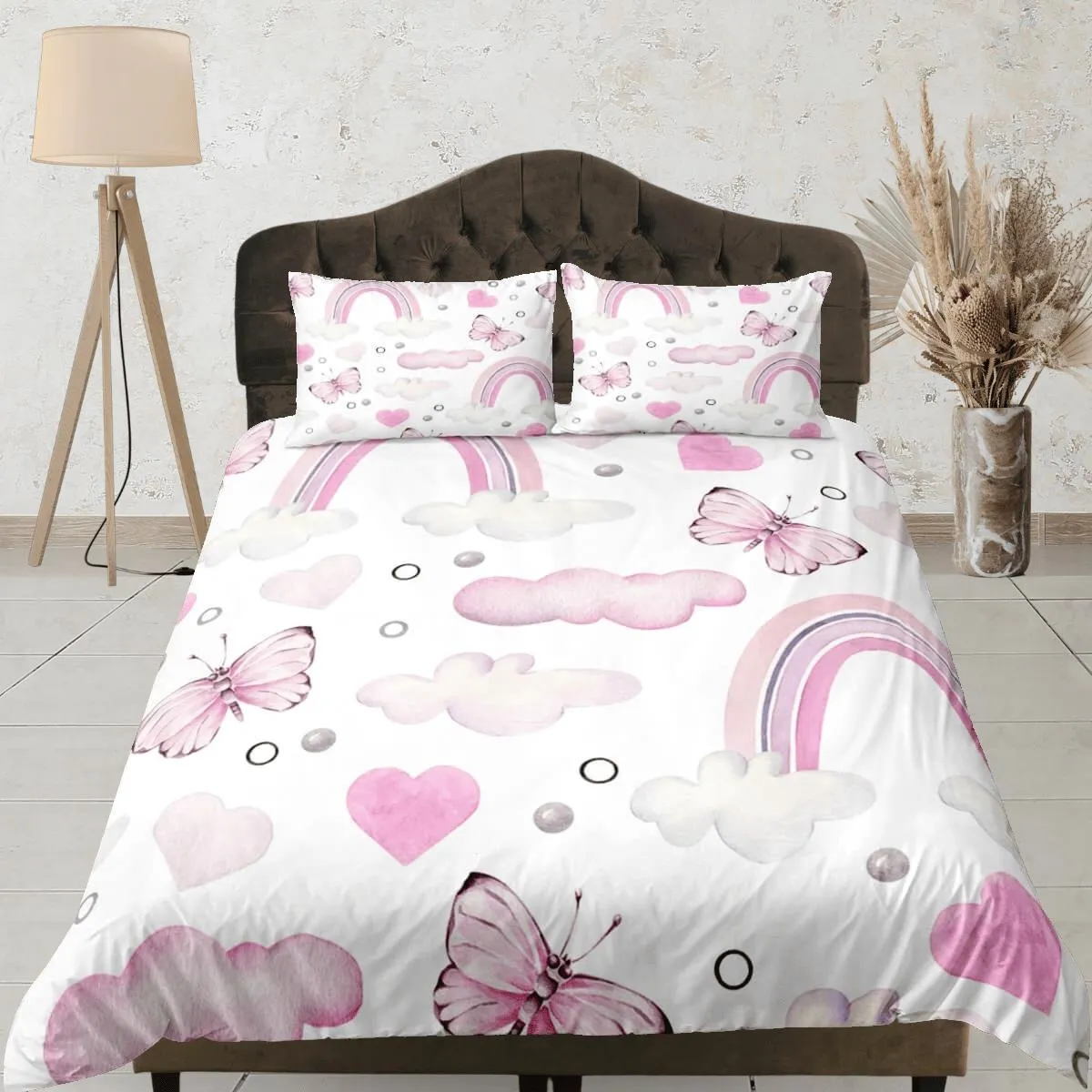 Dainty pink butterfly baby bedding nursery toddler bedding, dorm bedding full size adult duvet king queen twin, boho aesthetic duvet cover