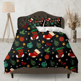 Dark-colored christmas decor duvet cover set, christmas full size bedding & pillowcase, college bedding, crib toddler bedding, holiday gift